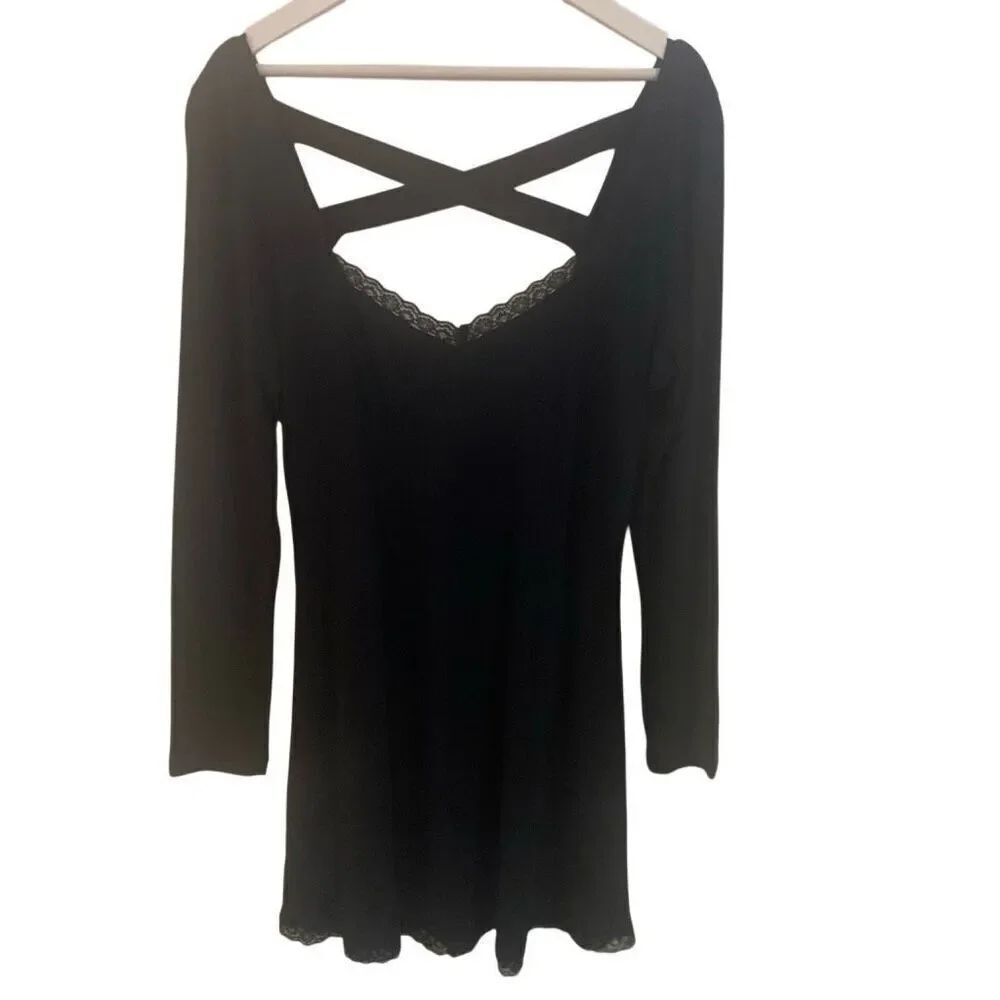 NWT by Anthropologie black dress cross cross back lace trim light weight size la